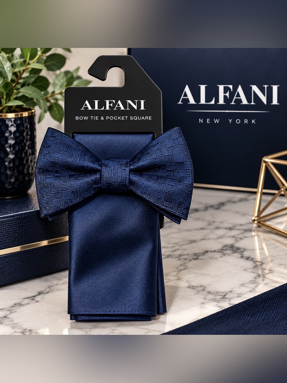 NWT Alfani Men’s Navy Bow Tie & Pocket Square Set